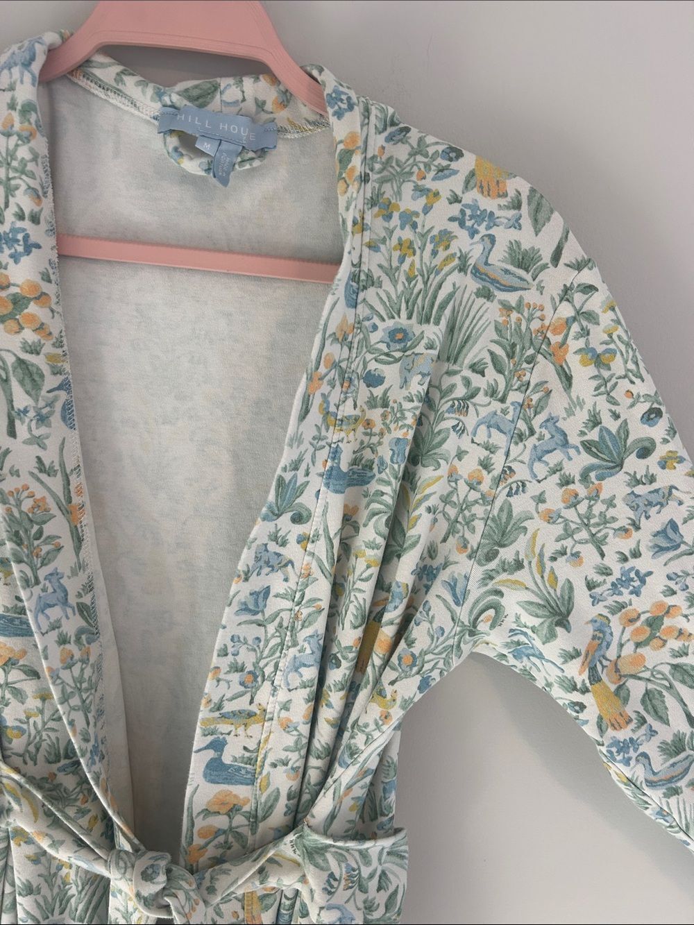 Hill House Home Floral Bird Print Robe Cream Blue Yellow Green Size M